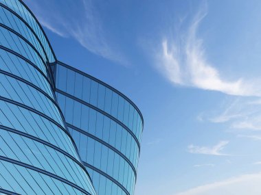 3d yüksek katlı eğri cam bina ve mavi gökyüzü arka plan üzerinde koyu çelik pencere sistemi teşvik, Gelecekteki mimari İş kavramı, binanın açısına bakmak.