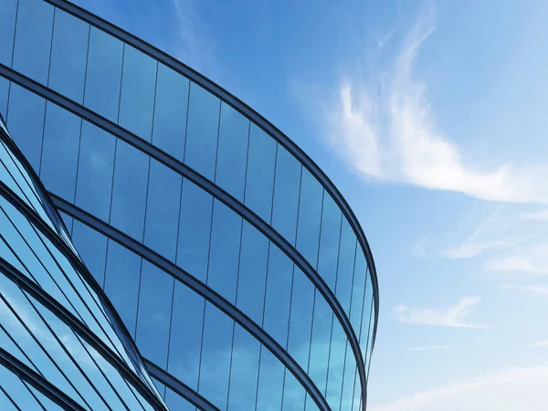 3d yüksek katlı eğri cam bina ve mavi gökyüzü arka plan üzerinde koyu çelik pencere sistemi teşvik, Gelecekteki mimari İş kavramı, binanın açısına bakmak.