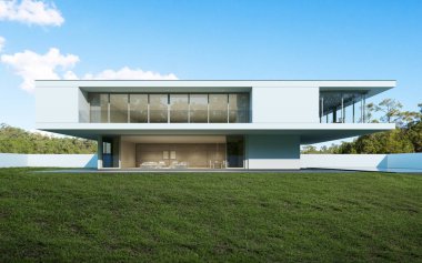 Gündüz yüzme havuzu ve çim avlusu ile modern lüks ev Perspektifi, Minimal mimari tasarım Fikri. 3d render 