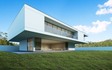 Gündüz yüzme havuzu ve çim avlusu ile modern lüks ev Perspektifi, Minimal mimari tasarım Fikri. 3d render 