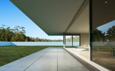 Gündüz yüzme havuzu ve çim avlusu ile modern lüks ev Perspektifi, Minimal mimari tasarım Fikri. 3d render 