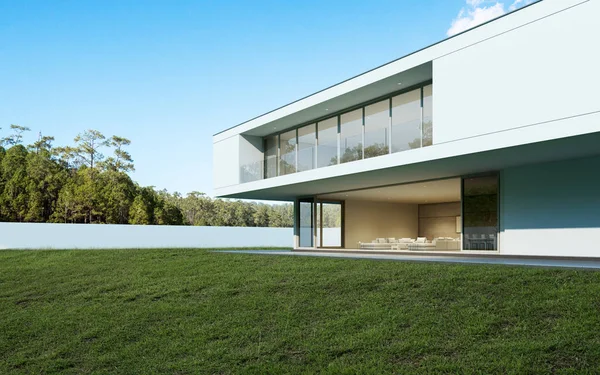 Gündüz yüzme havuzu ve çim avlusu ile modern lüks ev Perspektifi, Minimal mimari tasarım Fikri. 3d render 