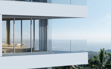 Dağ ve şehir manzaralı arka plan ile yüksek katlı condominium bina Perspektif - 3d render - İllüstrasyon