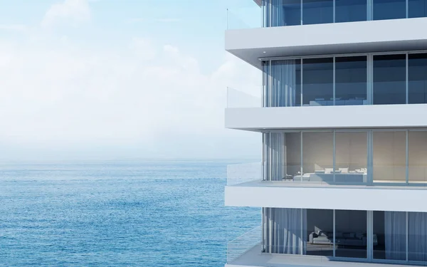 Perspective of high-rise condominium building with sea view background - 3D rendering - Illustration