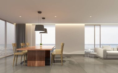 Deniz manzaralı arka plan ahşap yemek masası ve beyaz soda ile modern lüks oturma odası Perspektifi, Aile tatil fikri - sıcak iç tasarım - 3d render.
