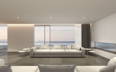 Deniz manzaralı arka plan ahşap yemek masası ve beyaz kanepe ile modern lüks oturma odası Perspektifi, Aile tatil fikri - sıcak iç tasarım - 3d render.