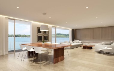 Deniz manzaralı arka plan ahşap yemek masası ve beyaz kanepe ile modern lüks oturma odası Perspektifi, Aile tatil fikri - sıcak iç tasarım - 3d render.