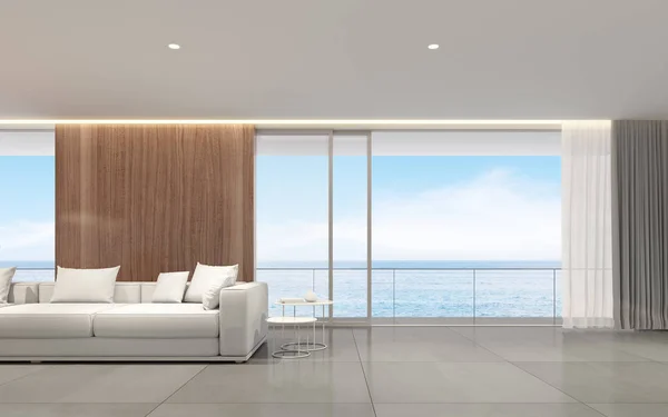 Deniz manzaralı arka plan üzerinde beyaz kanepe ile modern lüks oturma odası Perspektifi, Aile tatil fikri - sıcak iç tasarım - 3d render.