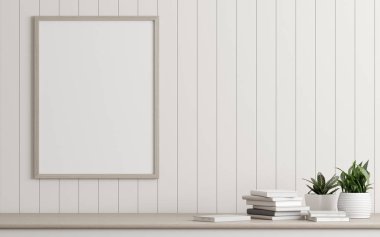 Vazo ve beyaz duvarda kitaplar küçük bitki ile resim çerçevesi Mock-up. Modern İç tasarım perspektifi. 3d render.