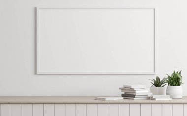 Vazo ve beyaz duvarda kitaplar küçük bitki ile resim çerçevesi Mock-up. Modern İç tasarım perspektifi. 3d render.