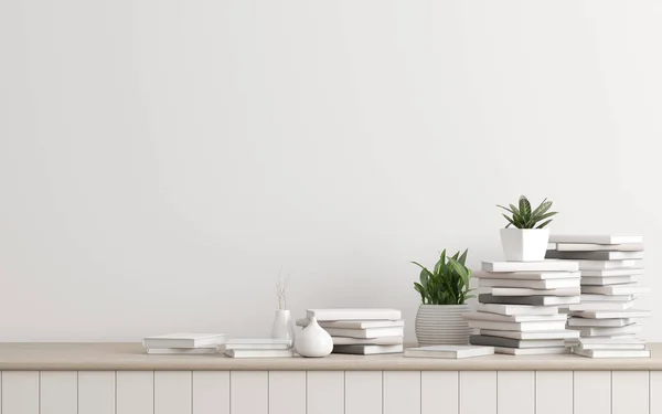 Closeup of stack of books and  plant in vase on white wall background - 3D rendering