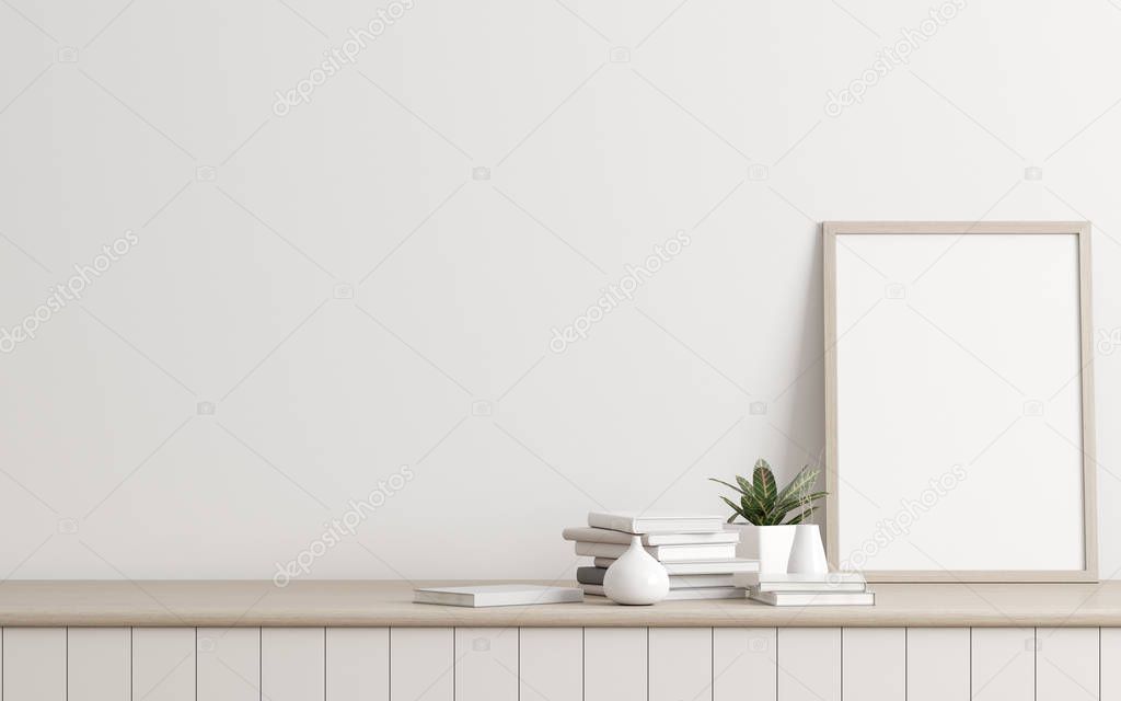 Mock-up of picture frame with small plant in vase and books on white wall. Perspective of modern Interior design. 3d rendering.