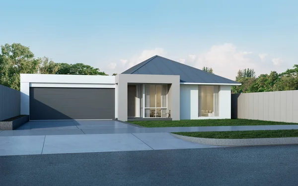 Mavi gökyüzü arka plan Avustralya tarzında modern evin görünümü, metal levha çatı tasarımı ile Çağdaş ikamet-konut. 3d render.