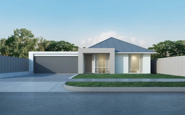 Mavi gökyüzü arka plan Avustralya tarzında modern evin görünümü, metal levha çatı tasarımı ile Çağdaş ikamet-konut. 3d render.