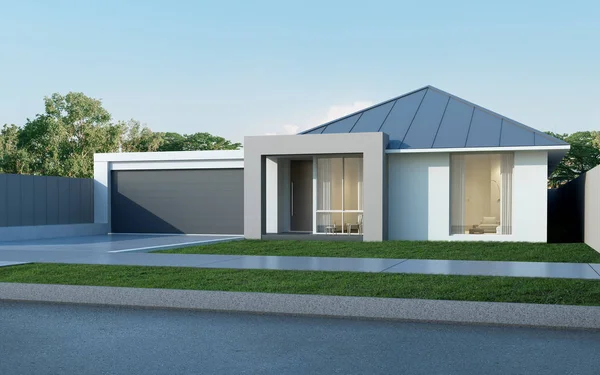 Mavi gökyüzü arka plan Avustralya tarzında modern evin görünümü, metal levha çatı tasarımı ile Çağdaş ikamet-konut. 3d render.
