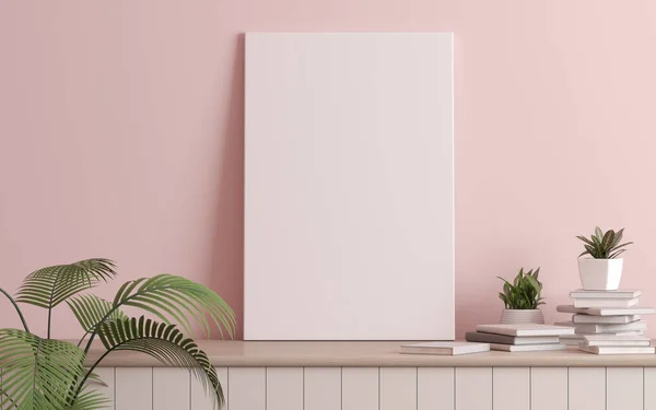 Vazo ve açık pembe duvar üzerinde kitaplar küçük bitki ile resim tuval çerçeve Mock-up. Modern İç tasarım perspektifi. 3d render.