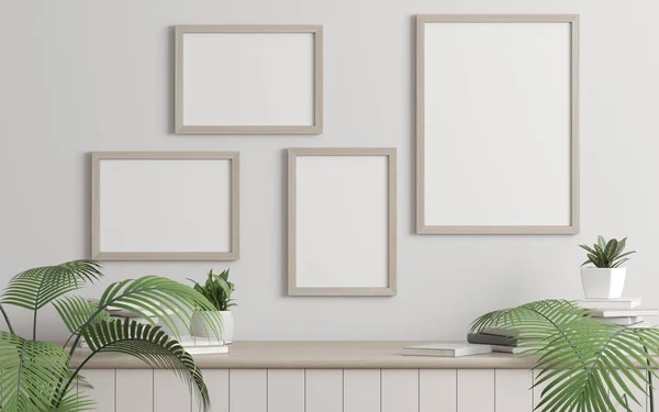 Mock-up of picture frame with small plant in vase and books on white wall. Perspective of modern Interior design. 3d rendering.