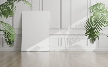 Beyaz klasik duvarda vazo küçük bitki ile resim tuval çerçeve Mock-up. Modern İç tasarım perspektifi. 3d render.