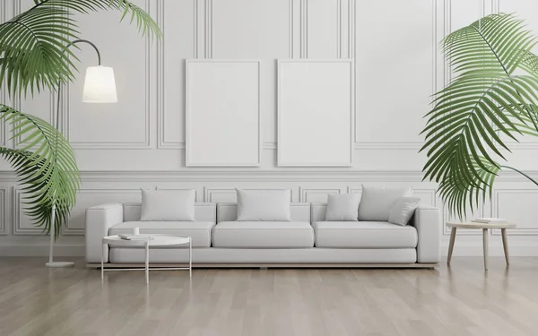 Mock Picture Frame Sofa Small Plant White Classic Wall Perspective — Stock Photo, Image
