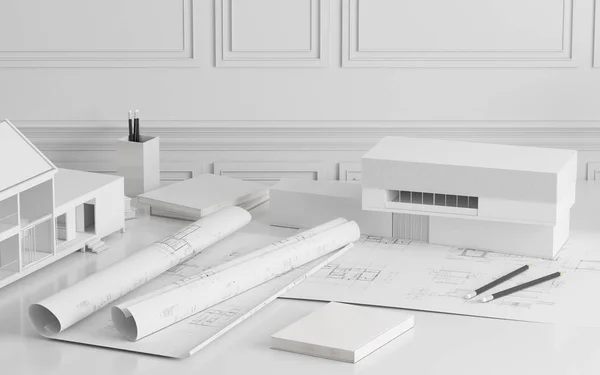 Maqueta Papel Dibujo Construcción Arquitectónica Con Modelo Edificio Blanco Rollos —  Fotos de Stock