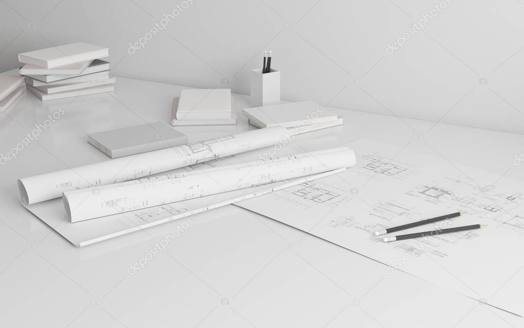 Mock-up of architectural construction drawing paper with tools and books,Rolls of blueprint - 3D rendering