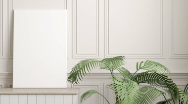 Beyaz klasik duvarda vazo küçük bitki ile resim tuval çerçeve Mock-up. Modern İç tasarım perspektifi. 3d render.