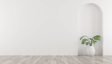 Vazo yeşil bitki ile beyaz oda ve kemer duvar tasarımı 3d teşvik. Minimal tasarım perspektifi. Göstermek.
