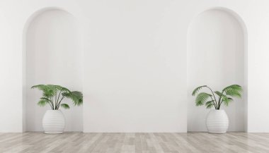 Vazo yeşil bitki ile beyaz oda ve kemer duvar tasarımı 3d teşvik. Minimal tasarım perspektifi. Göstermek.