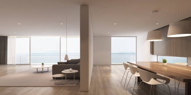 Gri kanepe ve beyaz resim çerçevesi ve deniz manzaralı arka plan üzerinde belirlenen yemek masası ile modern lüks oturma odası Perspektifi, Aile tatil Fikri - sıcak ahşap iç tasarım - 3d render.