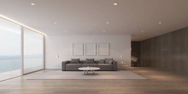 Gri kanepe ve beyaz resim çerçevesi ve deniz manzaralı arka plan üzerinde belirlenen yemek masası ile modern lüks oturma odası Perspektifi, Aile tatil Fikri - sıcak ahşap iç tasarım - 3d render.