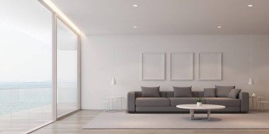 Gri kanepe ve beyaz resim çerçevesi ve deniz manzaralı arka plan üzerinde belirlenen yemek masası ile modern lüks oturma odası Perspektifi, Aile tatil Fikri - sıcak ahşap iç tasarım - 3d render.