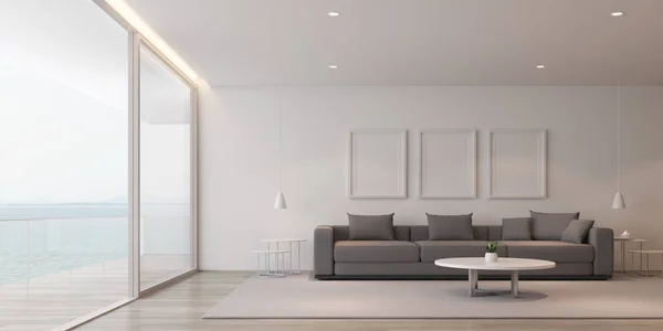 现代豪华客厅的视角 灰色张白色相框和白色相框和餐桌设置在海景背景 家庭度假的想法 温暖的木材室内设计 3D渲染 — 图库照片