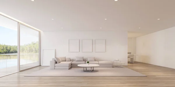 现代豪华客厅的视角 有湖景背景的带张莎和白色相框 家庭度假理念 温暖的木材室内设计 3D渲染 — 图库照片