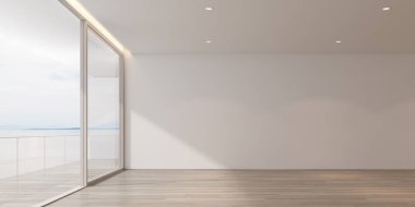 Duvarda güneş ışığı döküm gölge ile deniz manzaralı arka plan üzerinde beyaz lüks boş oda ve ahşap zemin 3d render,Minimal mimari perspektif.