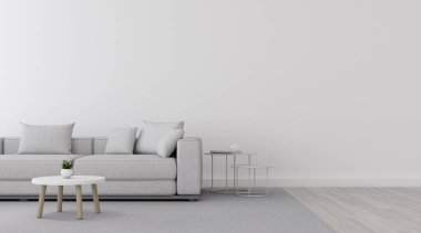Laminat zemin üzerinde kanepe ve küçük yan masa ile minimal tarzda beyaz oturma odası görünümü. İç tasarım perspektifi. 3d render.