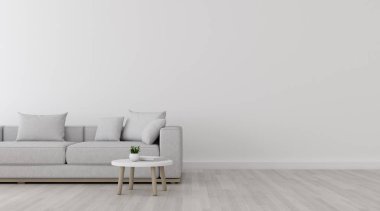 Laminat zemin üzerinde kanepe ve küçük yan masa ile minimal tarzda beyaz oturma odası görünümü. İç tasarım perspektifi. 3d render.
