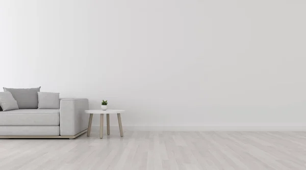 Laminat zemin üzerinde kanepe ve küçük yan masa ile minimal tarzda beyaz oturma odası görünümü. İç tasarım perspektifi. 3d render.