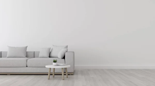 Vista Sala Estar Blanca Estilo Minimalista Con Sofá Pequeña Mesa —  Fotos de Stock