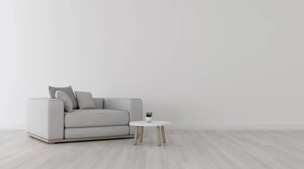 Laminat zemin üzerinde kanepe ve küçük yan masa ile minimal tarzda beyaz oturma odası görünümü. İç tasarım perspektifi. 3d render.