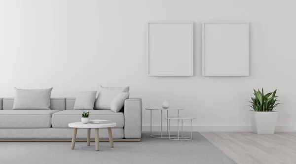 Pemandangan Ruang Tamu Putih Dalam Gaya Minimal Dengan Sofa Dan — Stok Foto