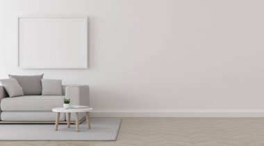 Beyaz duvar ve parlak laminat zemin üzerinde beyaz kanepe seti ve resim çerçevesi ile oturma odası alanı görünümü. Minimal İç tasarım perspektifi. 3d render.