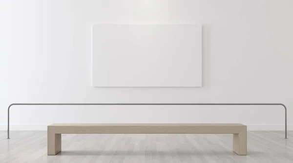 Mock-up of gallery interior with white canvas picture frame on white wall,art museum space with wood chair, 3D rendering