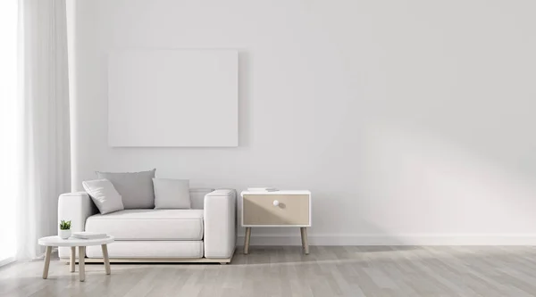 Blick Auf Den Wohnraum Mit Weißem Sofa Set Und Bilderrahmen — Stockfoto