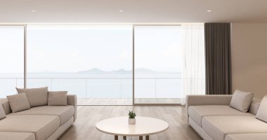 Deniz manzaralı arka plan üzerinde beyaz kanepe ve yemek masası ile modern lüks oturma odası Perspektifi, Aile tatil fikri - sıcak ahşap iç tasarım - 3d render.