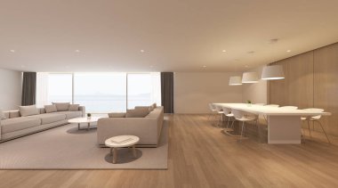 Deniz manzaralı arka plan üzerinde beyaz kanepe ve yemek masası ile modern lüks oturma odası Perspektifi, Aile tatil fikri - sıcak ahşap iç tasarım - 3d render.