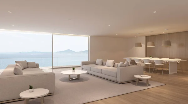 Perspektive Auf Modernes Luxus Wohnzimmer Mit Weißem Sofa Und Esstisch — Stockfoto