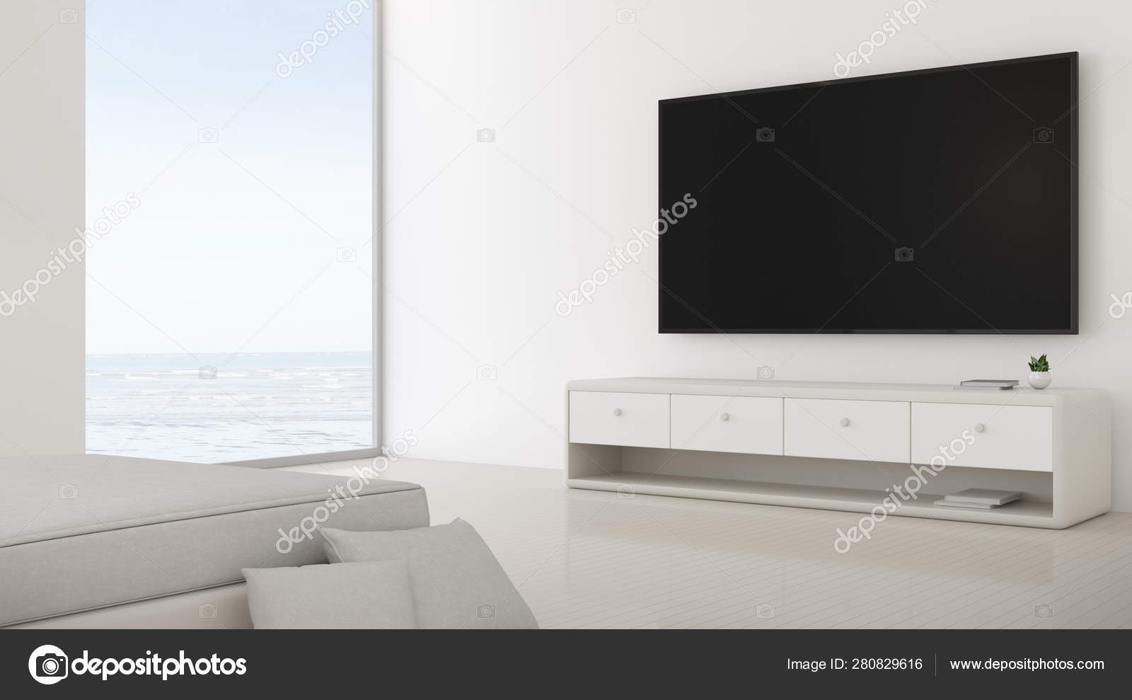 View Minimal Living Room Furniture Bright Laminate Floor Sea View Stock  Photo by ©nuchao 280829616