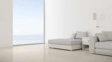 Beyaz kanepe ve deniz manzaralı arka plan ile modern lüks oturma odası Perspektifi, Aile tatil fikri - sıcak ahşap iç tasarım, büyük pencere sistemi mimari fikir - 3d render.