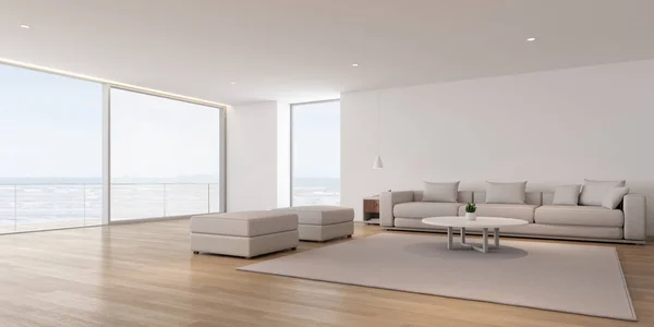 Perspective of modern luxury living room with white sofa and on sea view background,Idea of family vacation - warm timber interior design, architecture idea of large window system - 3D rendering.