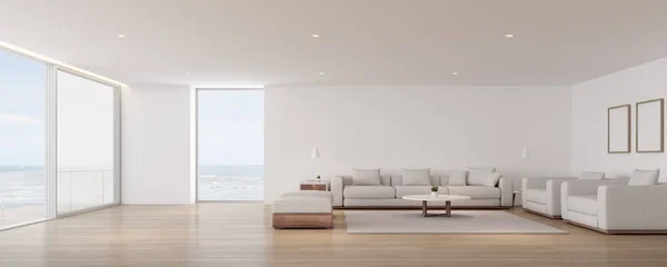 Perspective of modern luxury living room with white sofa and on sea view background,Idea of family vacation - warm timber interior design, architecture idea of large window system - 3D rendering.